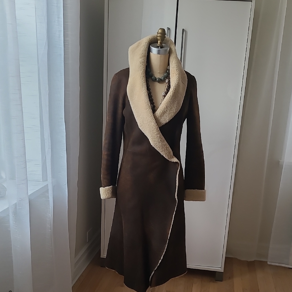 Brown Shearling Coat with Cream Trim